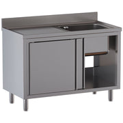Plonge 1 cuve 600x500x300, égouttoir gauche, sur armoire 2 portes coulissantes