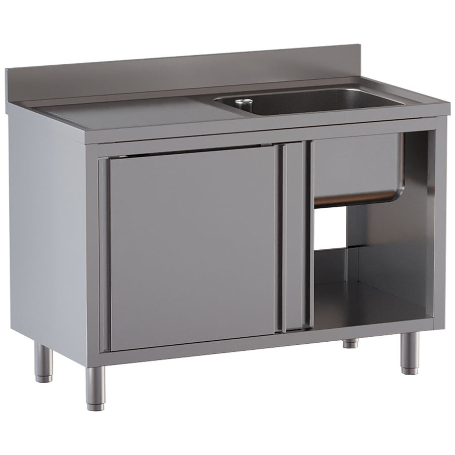 Plonge 1 cuve 600x500x300, égouttoir gauche, sur armoire 2 portes coulissantes