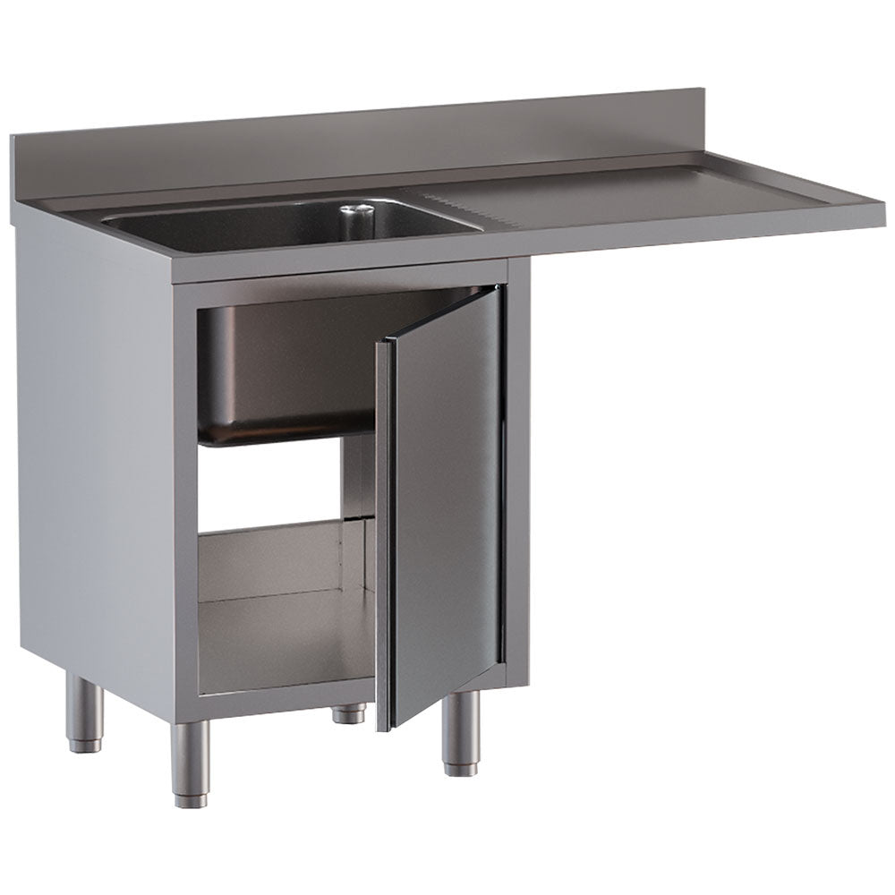 Évier en inox Plonge 1 cuve avec égouttoir à droite, sur armoire avec porte battante, espace lave-vaisselle, marque Diamond.