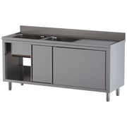 Plonge 2 cuves 500x500x300, égouttoir droit, sur armoire 2 portes coulissantes