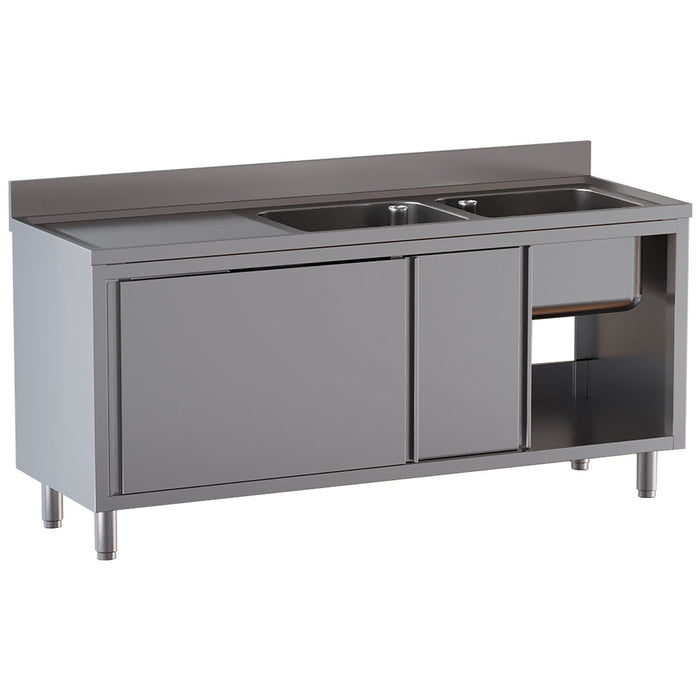 Plonge 2 cuves 500x500x300, égouttoir gauche, sur armoire 2 portes coulissantes