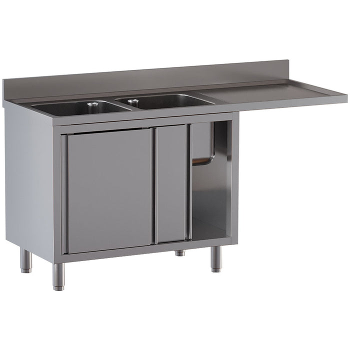 Plonge 2 cuves 400x500x300, égouttoir droit, sur armoire 2 portes coulissantes et espace lave-vaisselle