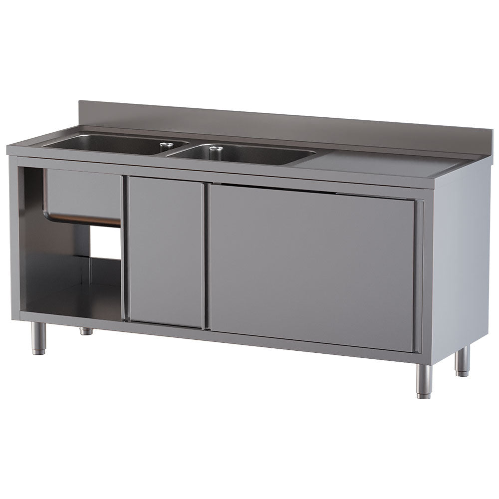 Plonge 2 cuves 500x500x300, égouttoir droit, sur armoire 2 portes coulissantes