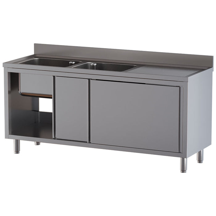 Plonge 2 cuves 500x500x300, égouttoir droit, sur armoire 2 portes coulissantes