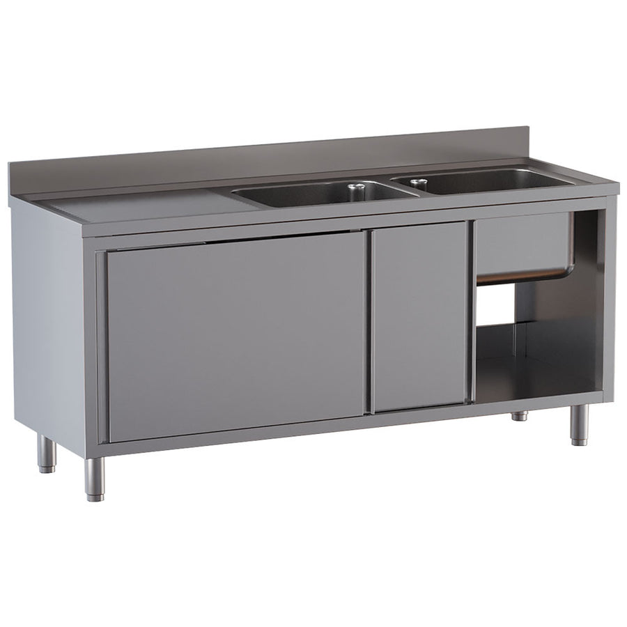 Plonge 2 cuves 500x500x300, égouttoir gauche, sur armoire 2 portes coulissantes