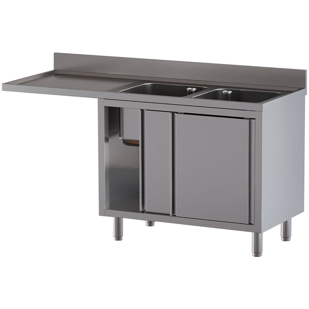 Plonge 2 cuves 500x500x300, égouttoir gauche, sur armoire 2 portes coulissantes et espace lave-vaisselle
