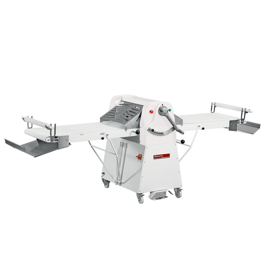Laminoir à bande Diamond 600x1200 mm sur socle, vitesse variable, machine industrielle pour laminer des bandes métalliques.