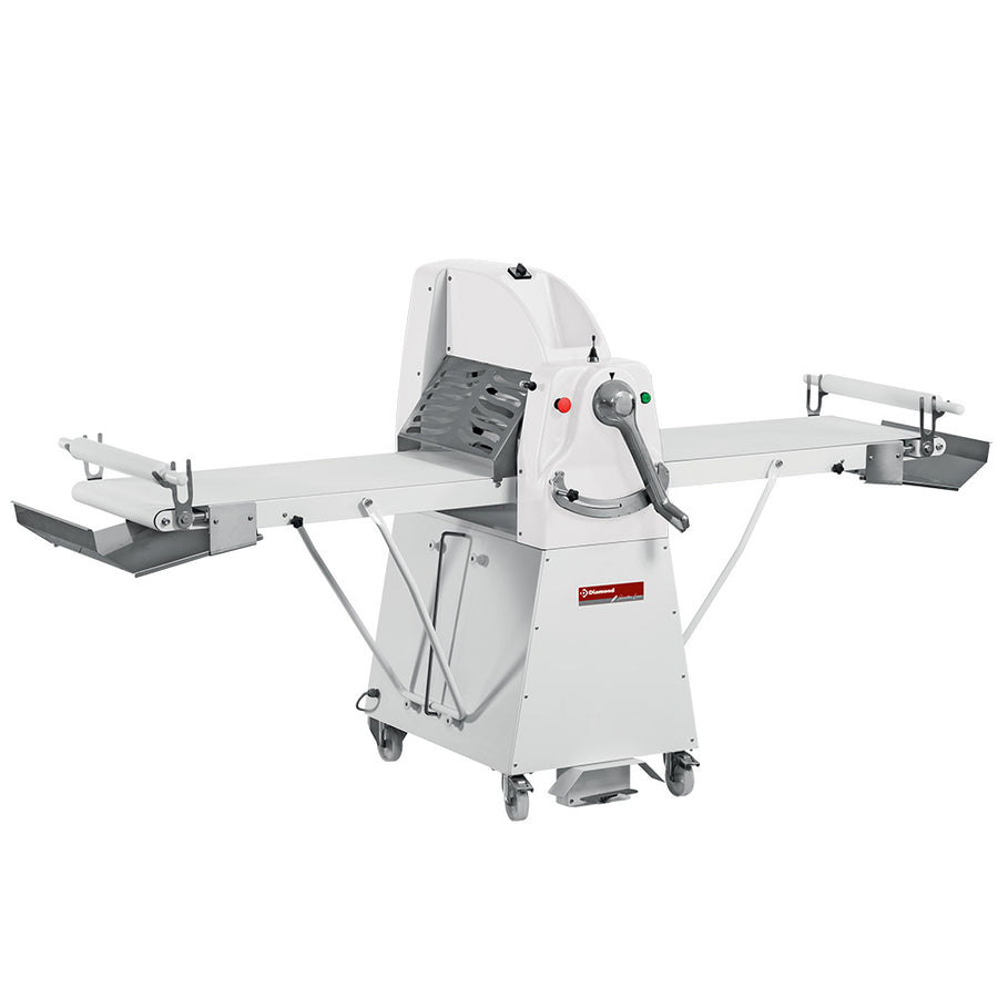 Laminoir à bande Diamond 500x1000 mm sur socle, machine industrielle pour le traitement des métaux.