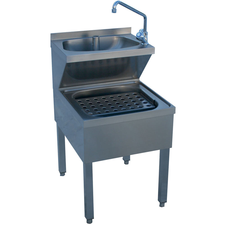 Lave-mains combiné en inox de Diamond sur piètement, mobilier hygiène moderne avec lavabo intégré et espace de rangement.