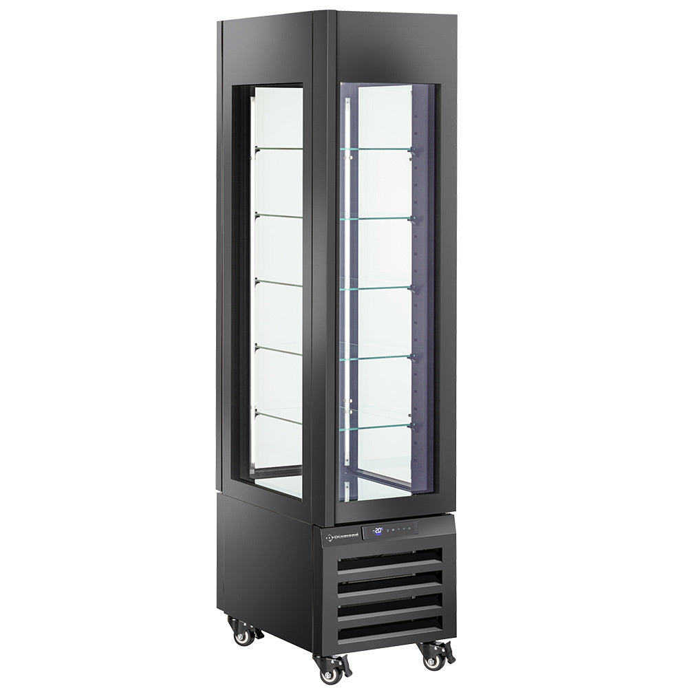 Vitrine panoramique Diamond "FULL vitrée" noire, 260 L, 5 niveaux en verre ventilé pour pâtisserie.