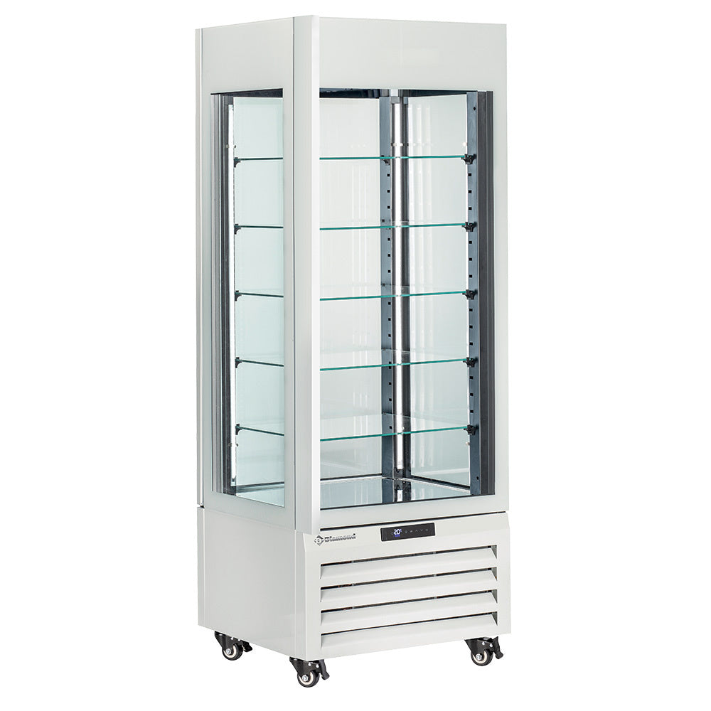 Vitrine panoramique Diamond "FULL vitrée" 440 Lt. en verre ventilé pour glaces et pâtisseries, design blanc avec 5 niveaux.