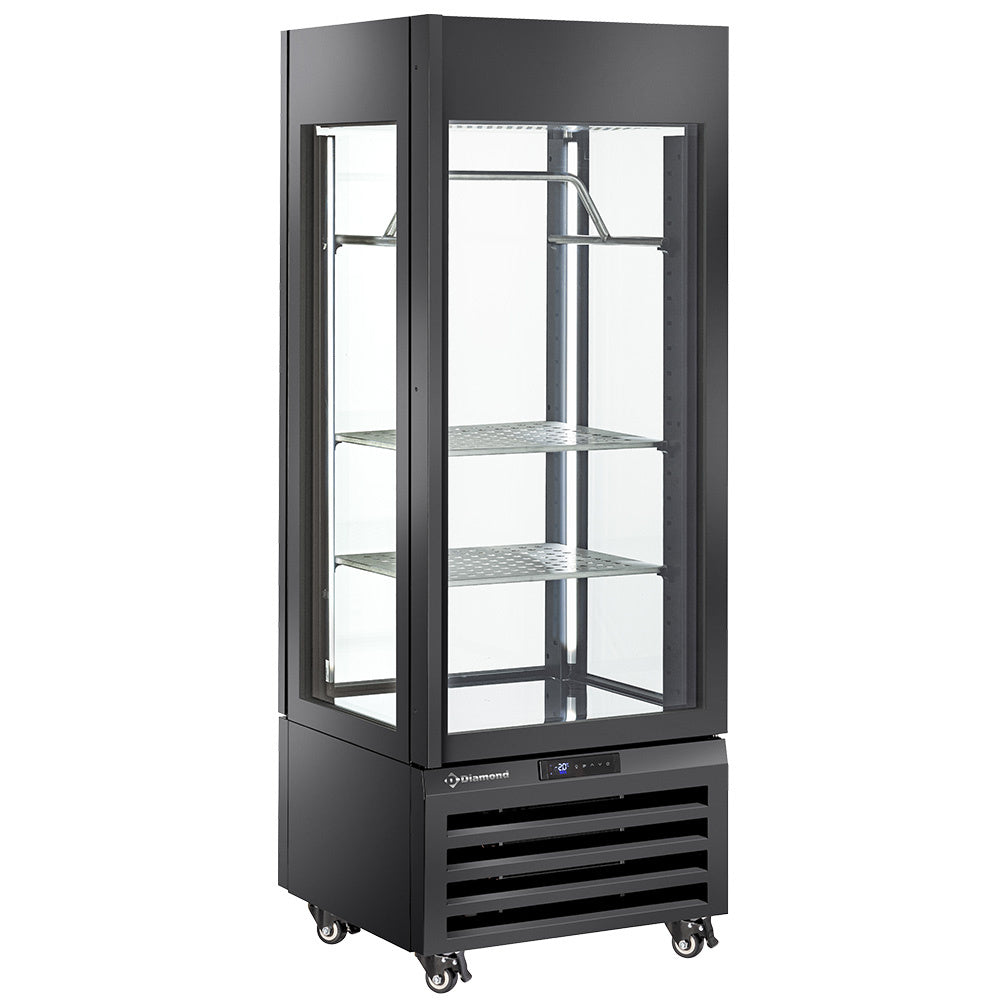 Vitrine panoramique Diamond "FULL vitrée" 440 Lt. noire avec 2 étagères, barre à viande ventilée pour viande et produits frais.