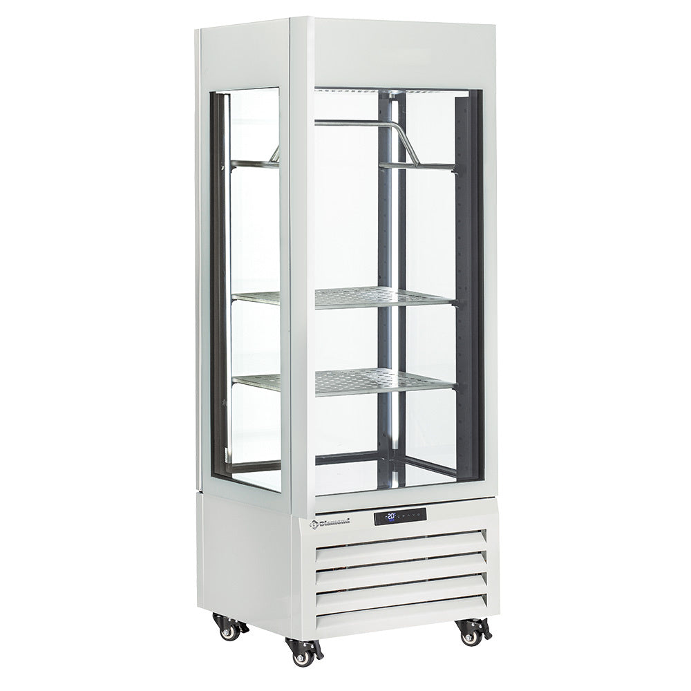Vitrine panoramique Diamond "FULL vitrée" 440 Lt. blanche avec 2 étagères, barre à viande et ventilation pour produits frais.