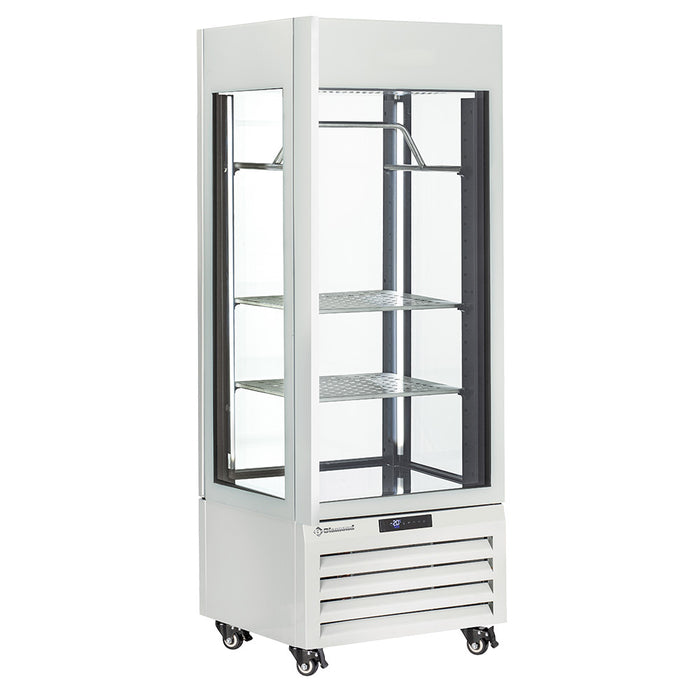 Vitrine panoramique Diamond "FULL vitrée" 440 Lt. blanche avec 2 étagères, barre à viande et ventilation pour produits frais.
