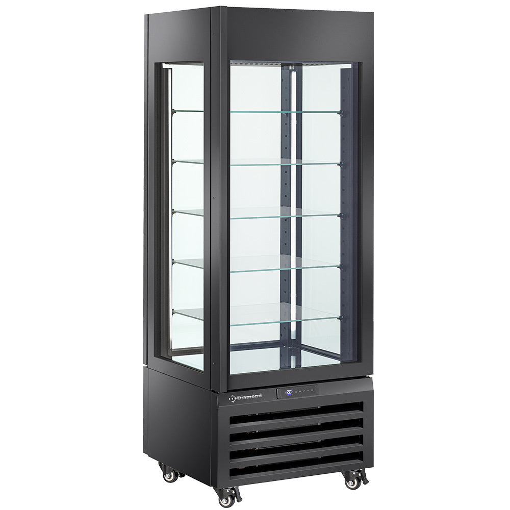 Vitrine panoramique Diamond "FULL vitrée" 440 Lt. en verre ventilé avec 5 niveaux, finition noire pour pâtisserie.