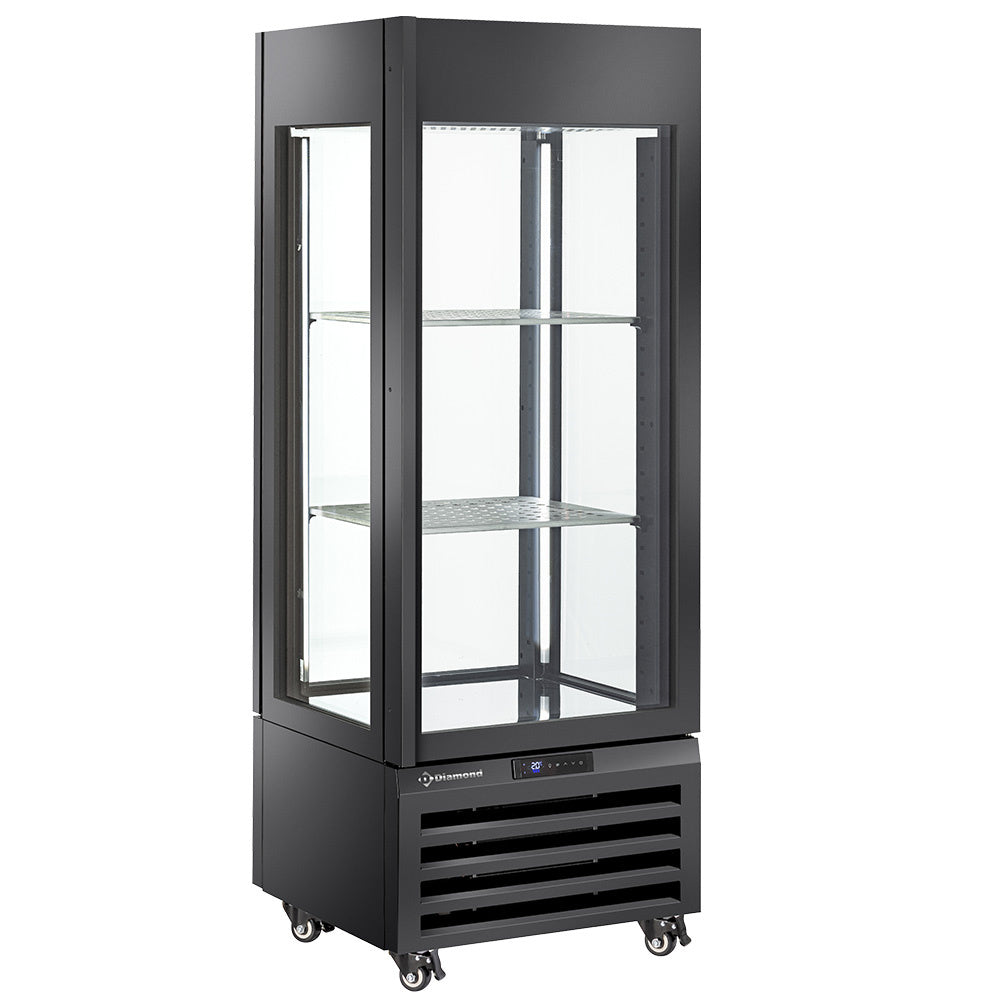 Vitrine panoramique Diamond "FULL vitrée" 440 Lt. noire avec 1 niveau et 2 étagères ventilées pour vin.
