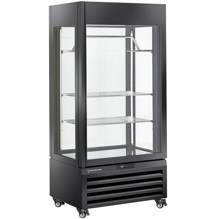 Vitrine panoramique Diamond "FULL vitrée" 600 Lt. noire avec 2 étagères, barre à viande et ventilation pour produits frais.