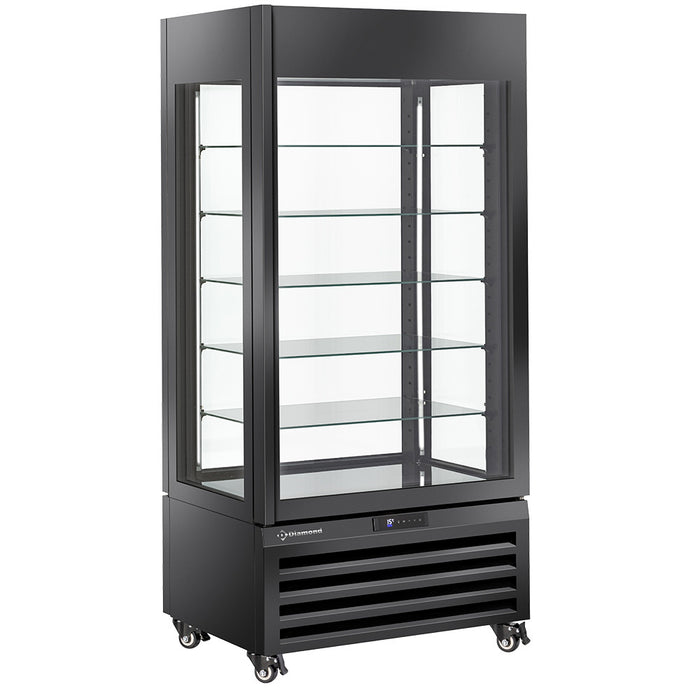 Vitrine panoramique Diamond "FULL vitrée" 600 Lt. noir avec 5 niveaux en verre ventilé, design élégant et moderne