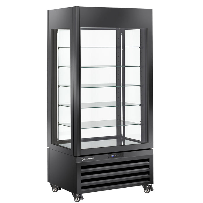 Vitrine panoramique Diamond "FULL vitrée" 600 Lt. noir avec 5 niveaux en verre ventilé, idéale pour pâtisserie.