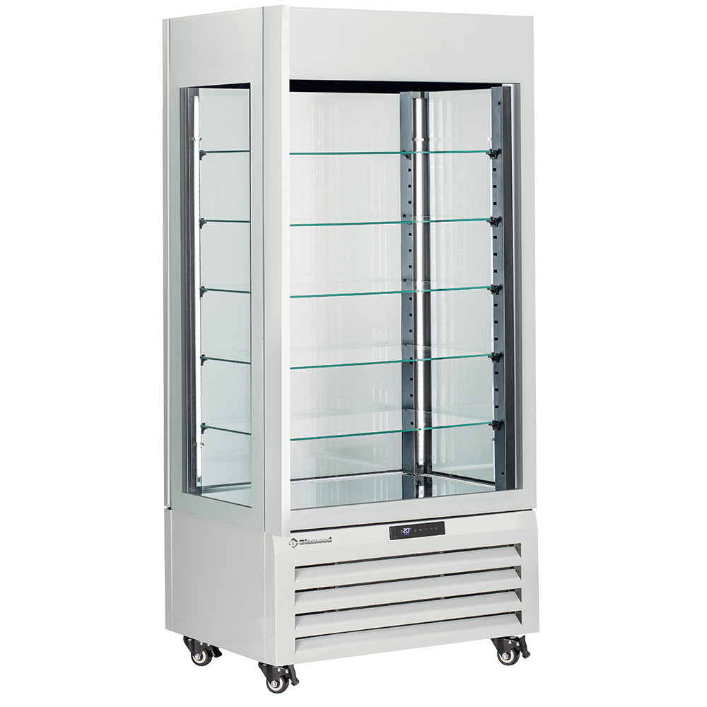 Vitrine panoramique Diamond "FULL vitrée" 600 Lt. en verre avec 5 niveaux ventilés, finition blanche pour pâtisserie.