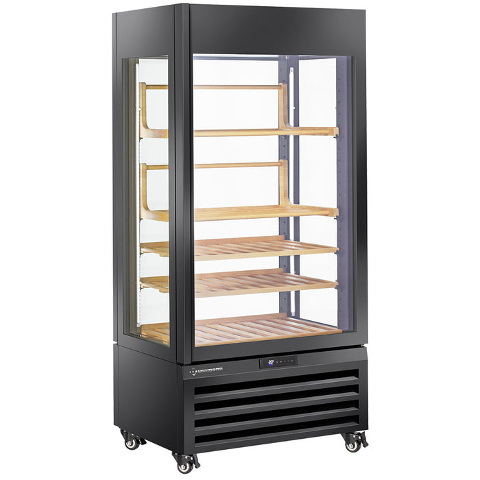Vitrine panoramique Diamond "FULL vitrée" 600 L noire avec 1 niveau, 4 étagères ventilées pour vin et boissons.
