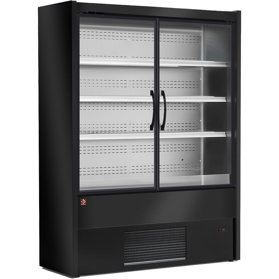 Meuble mural réfrigéré Diamond noir avec portes battantes, pour exposition ou stockage alimentaire, vue de face.