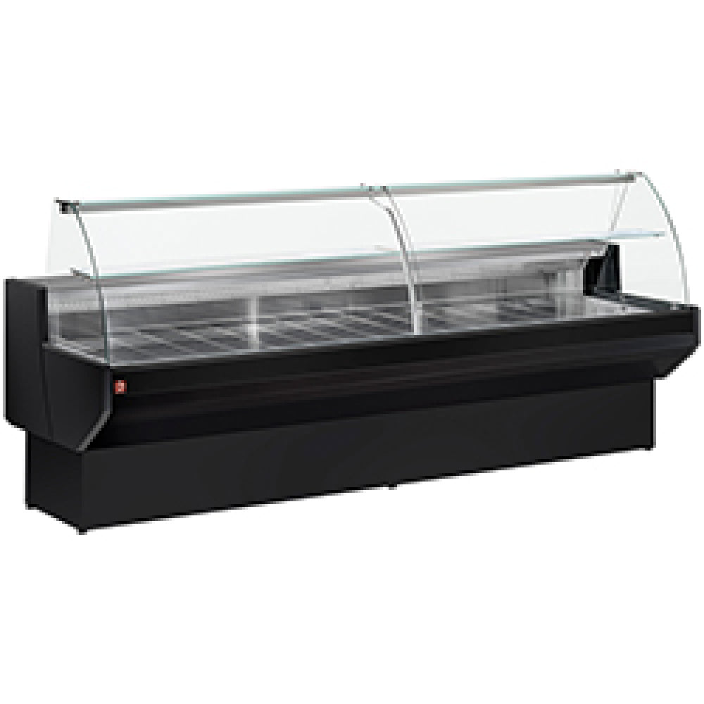 Vitrine réfrigérée à vitre bombée noire de la marque Diamond, réfrigération ventilée avec réserve pour produits exposés.