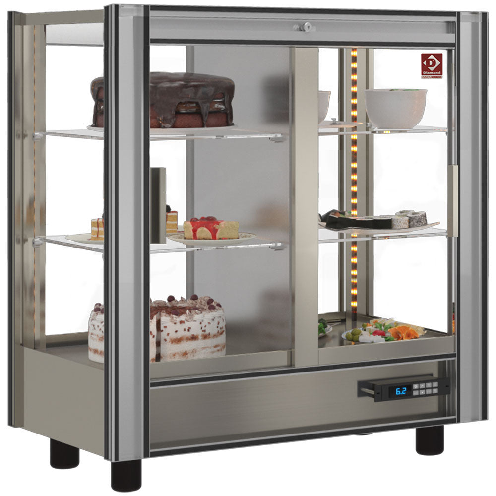 Vitrine réfrigérée modulable Diamond 216 Lt pour gastronomie, vitrine traversante avec étagères en verre transparent.