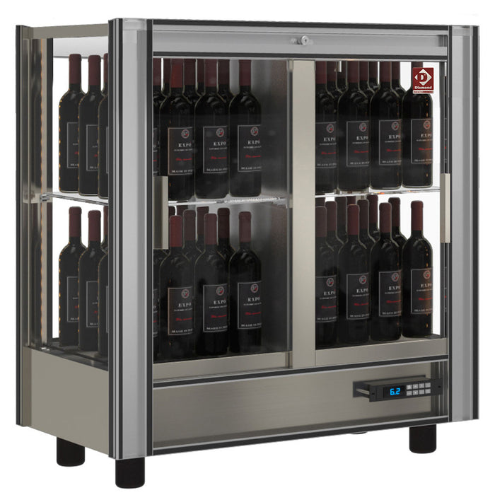 Vitrine réfrigérée à vins Diamond modulable, capacité de 216 litres, vitrine traversante avec étagères en verre.