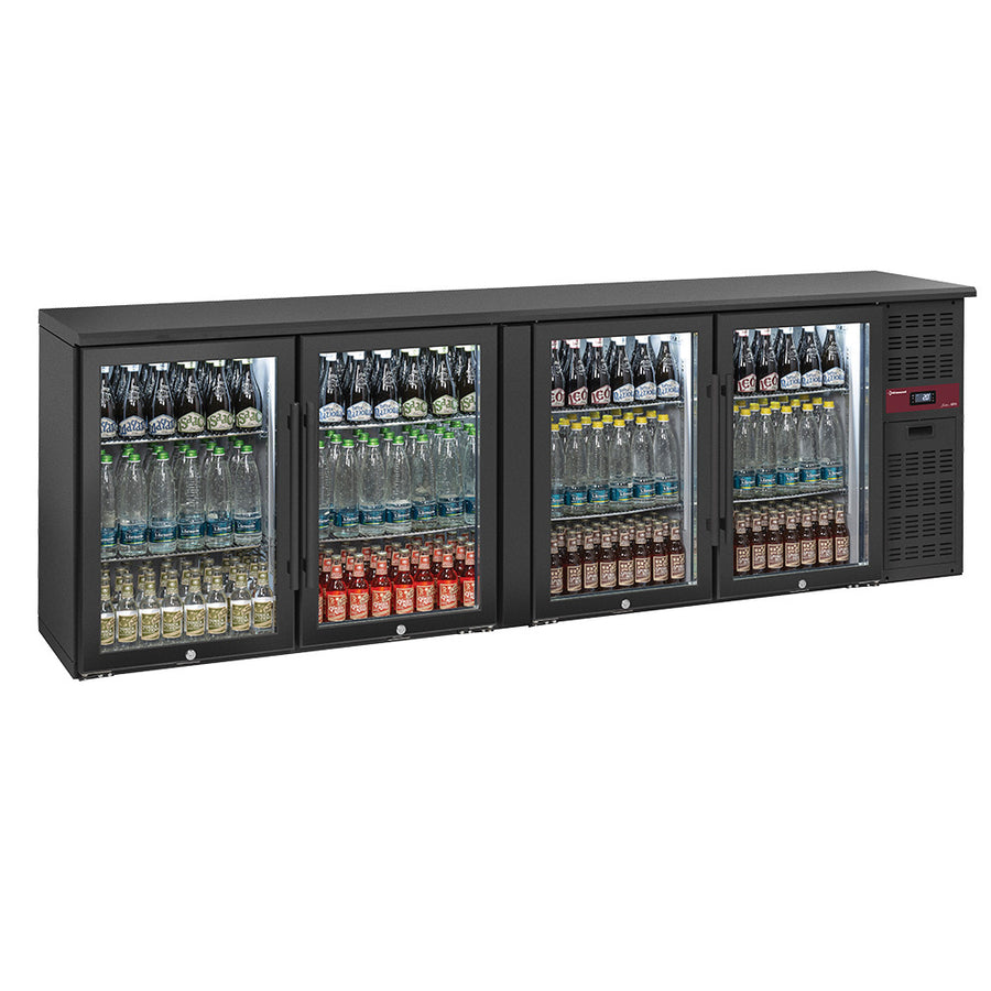 Refroidisseur de bouteilles Diamond 4 portes vitrées, 620L avec pieds réglables, vitres transparentes et intérieur bien éclairé.