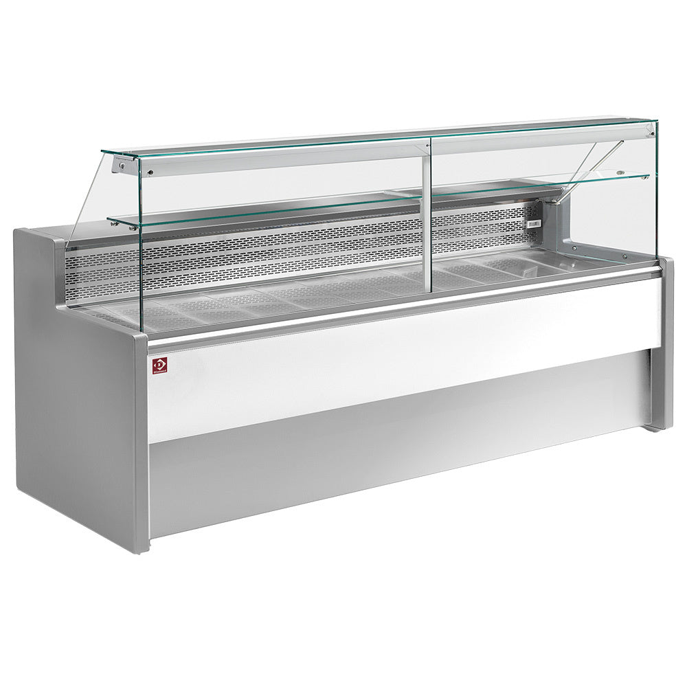 Comptoir vitrine réfrigérée à vitre droite 90° Diamond, en gris et blanc, avec réserve pour produits exposés.