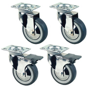 Kit de 4 roues pivotantes chromées Ø 100 pour tables armoires, 2 avec freins