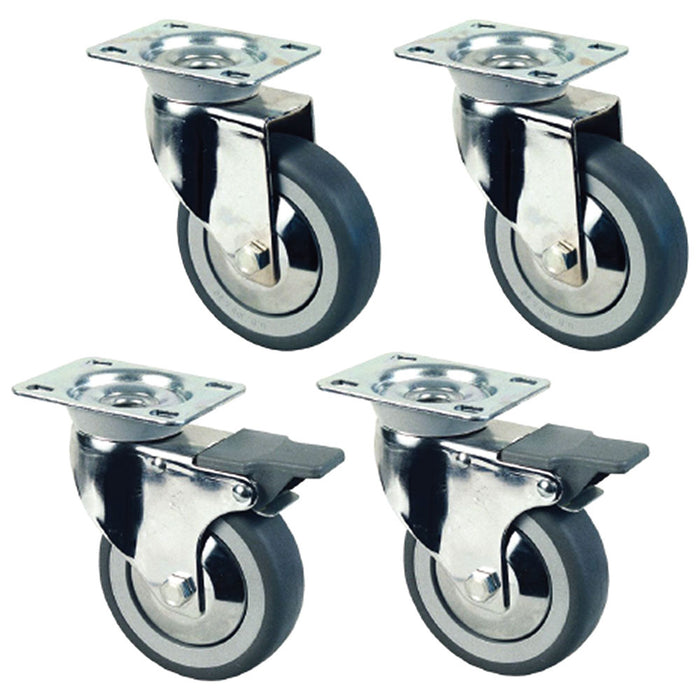 Kit de 4 roues pivotantes chromées Ø 100 pour tables armoires, 2 avec freins