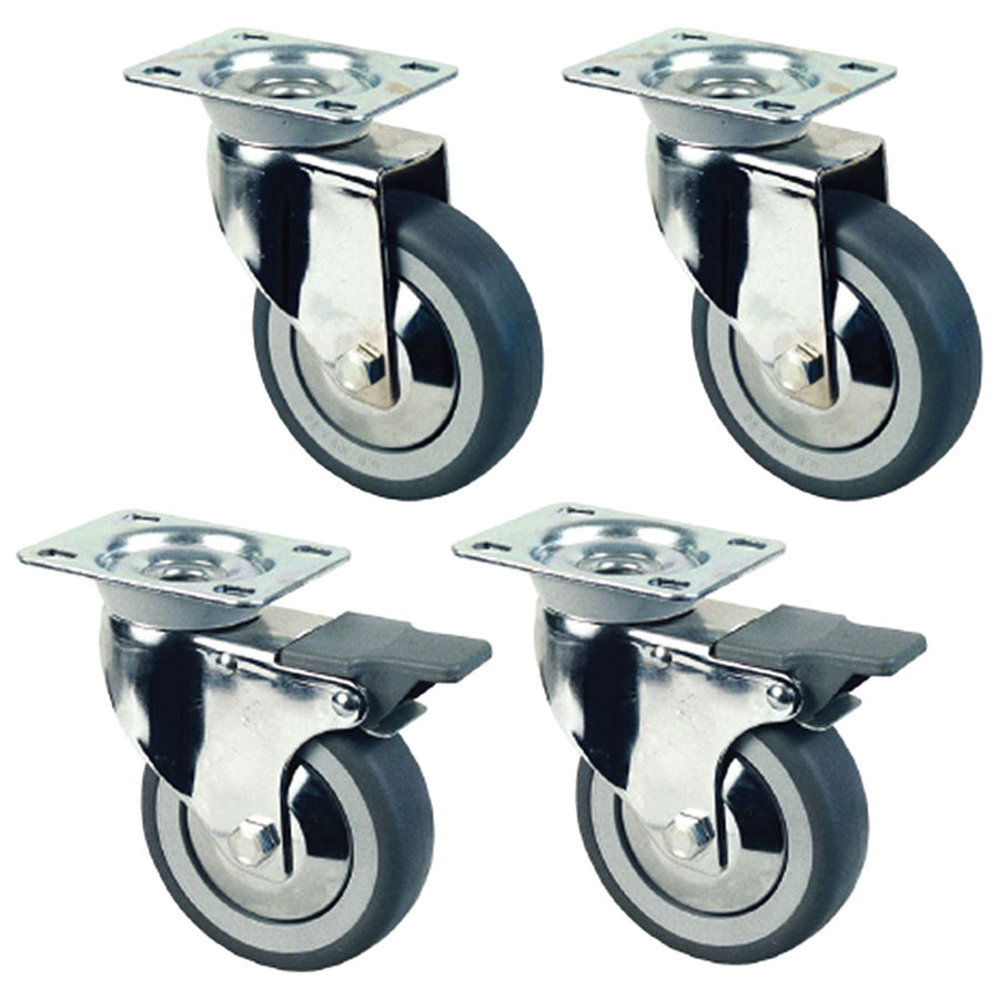 Kit de 4 roues pivotantes chromées Ø 100 pour tables armoires, 2 avec freins