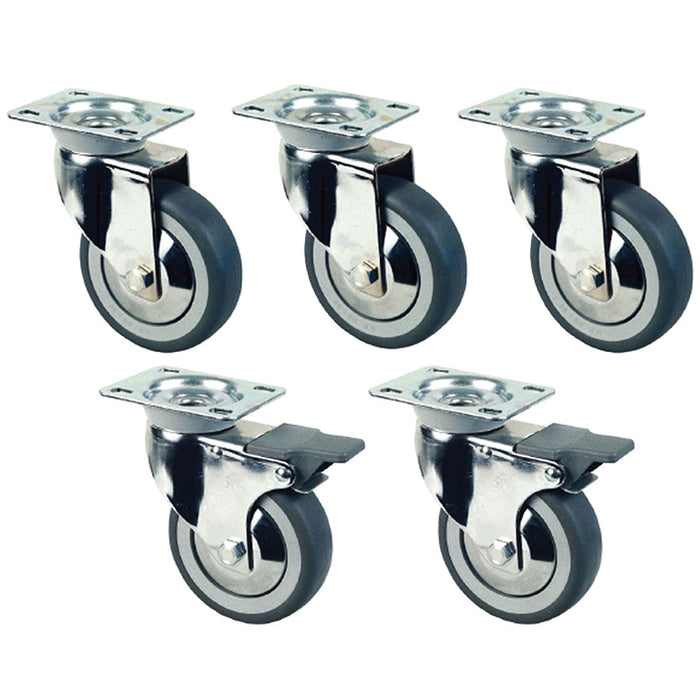 Kit de 5 roues pivotantes chromées Ø 100 pour tables armoires, 2 avec freins
