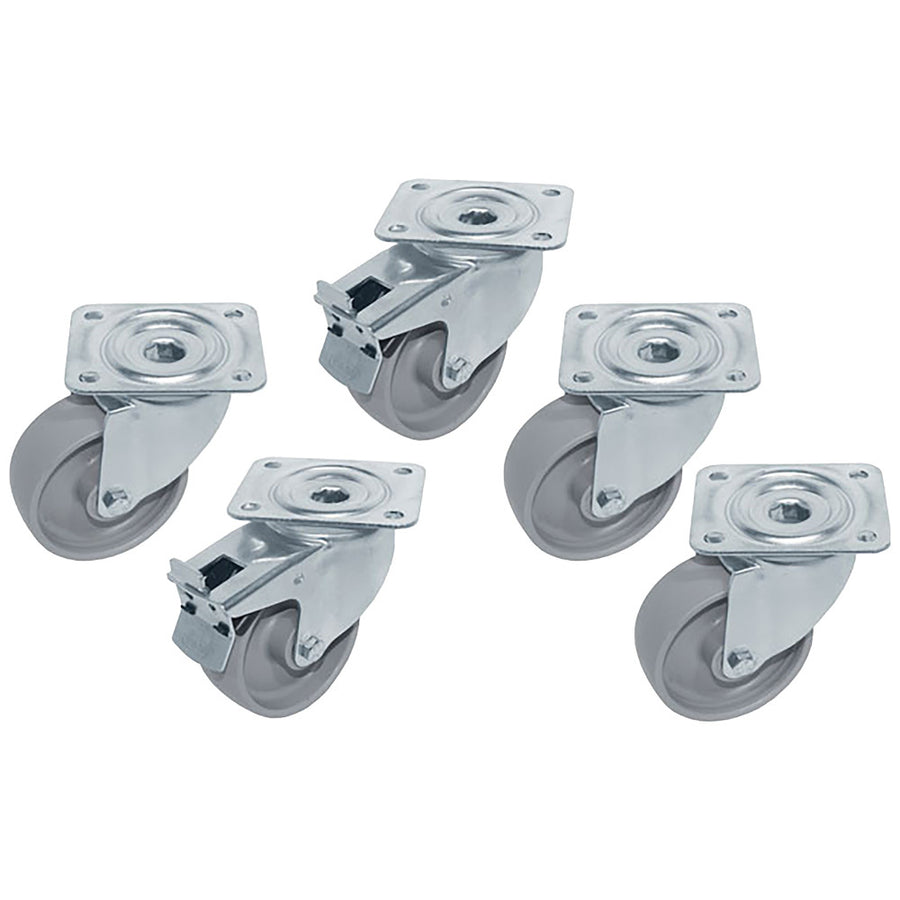 Kit 5 Roues inox pour tables, pivotantes, 2x avec freins