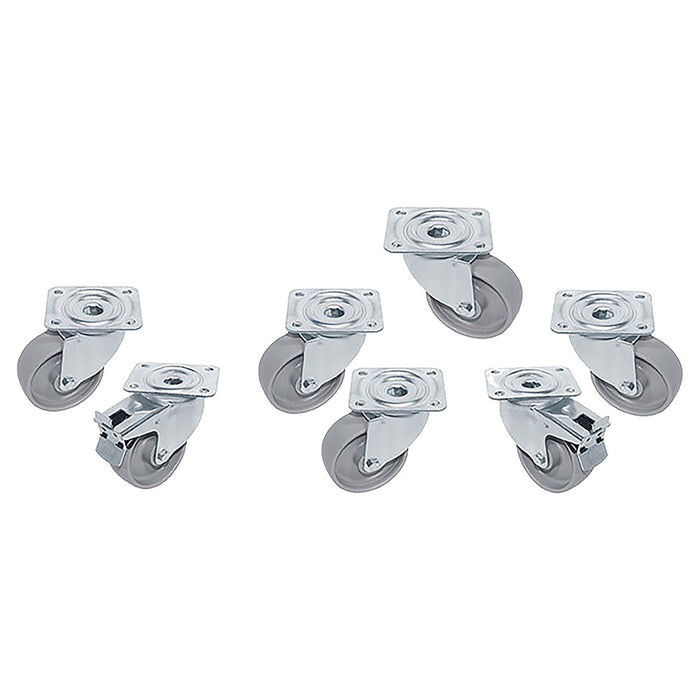 Kit 7 Roues inox pour tables, pivotantes, 2x avec freins