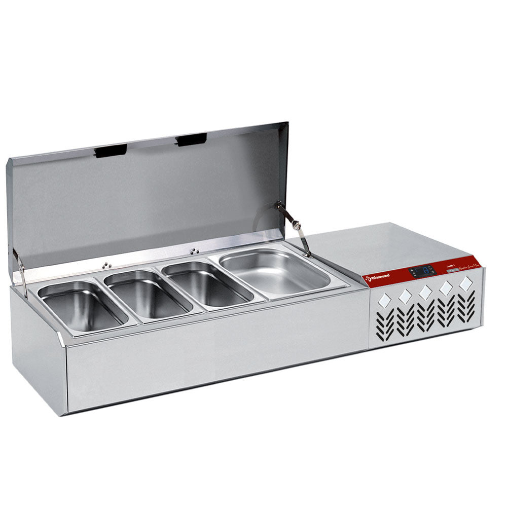 Structure réfrigérée Diamond GN 4x1/3 et 1x1/9 avec couvercle, en acier inoxydable, pour stockage alimentaire.