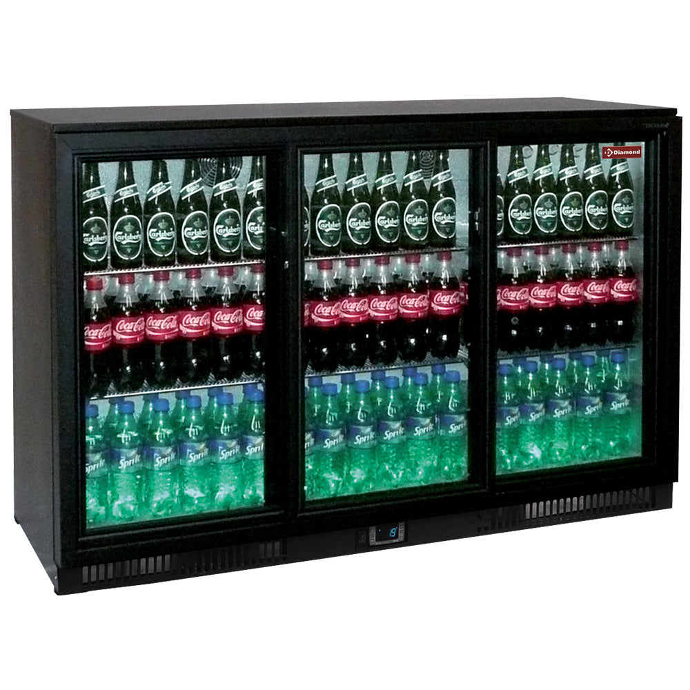 Refroidisseur de bouteilles Diamond avec 3 portes vitrées coulissantes, capacité de 343 litres, intérieur bien organisé.