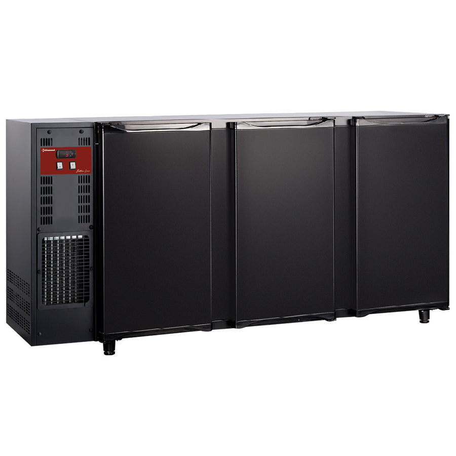 Refroidisseur de bouteilles Diamond 3 portes, capacité de 579 litres, avec portes vitrées et intérieur bien éclairé.