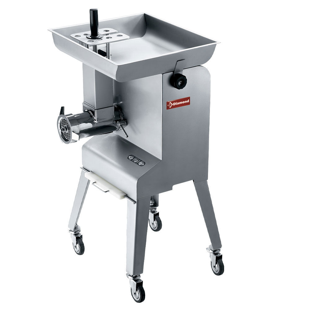 Hachoir en inox Diamond N° 32 avec piètement sur roues, ø 6 mm, capacité 600 kg/h, groupe en acier inoxydable.