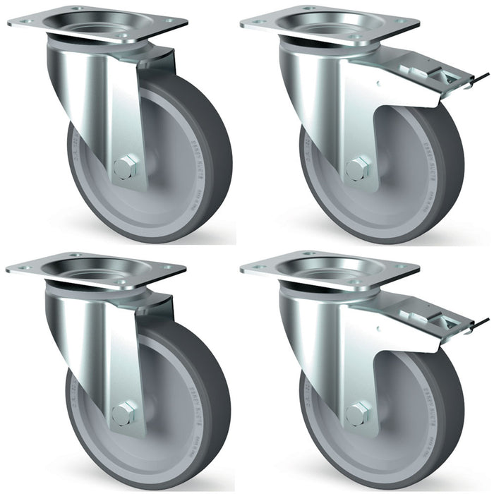 Kit 4 roues inox, pivotantes, 2x freins