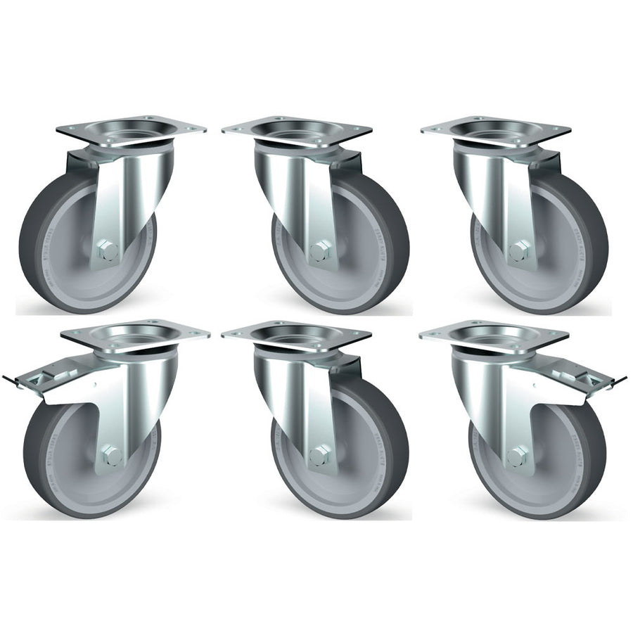Kit 6 roues inox, pivotantes, 2x freins
