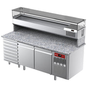 Table frigorifique, ventilée, pour pizza 2 portes et 7 tiroirs avec  vitrine refrigérée 2000x380x410 et plan de travail en granit