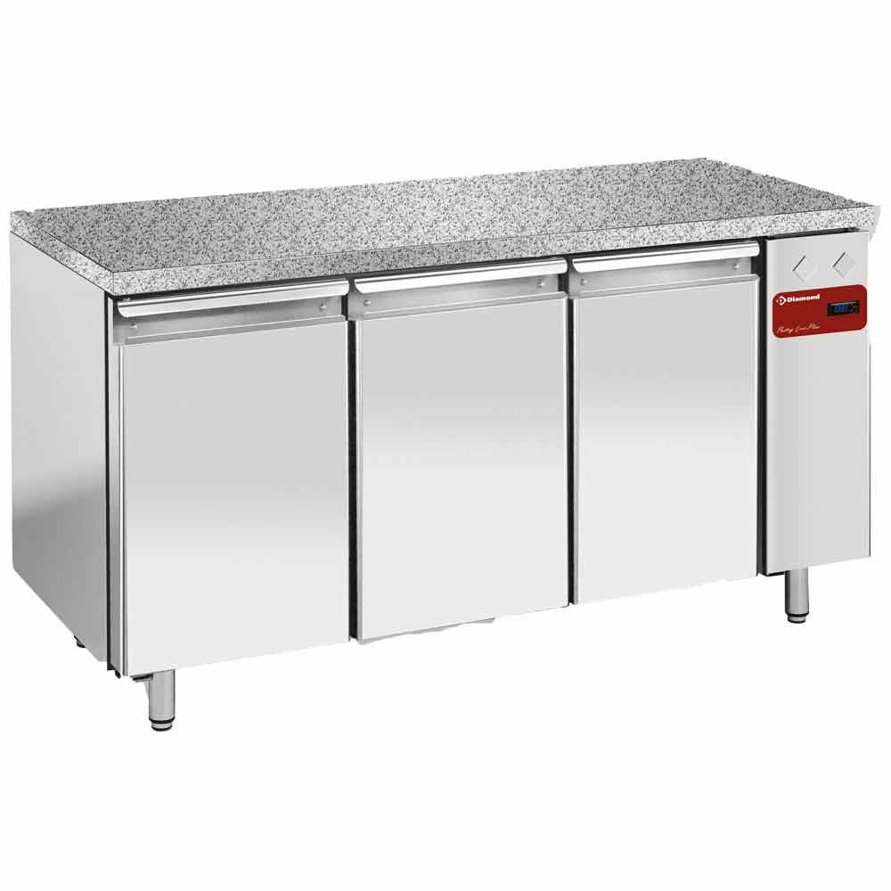 Table frigorifique ventilée 3 portes Diamond EN 600x400 avec top en granit, sans groupe, pour réfrigération commerciale.