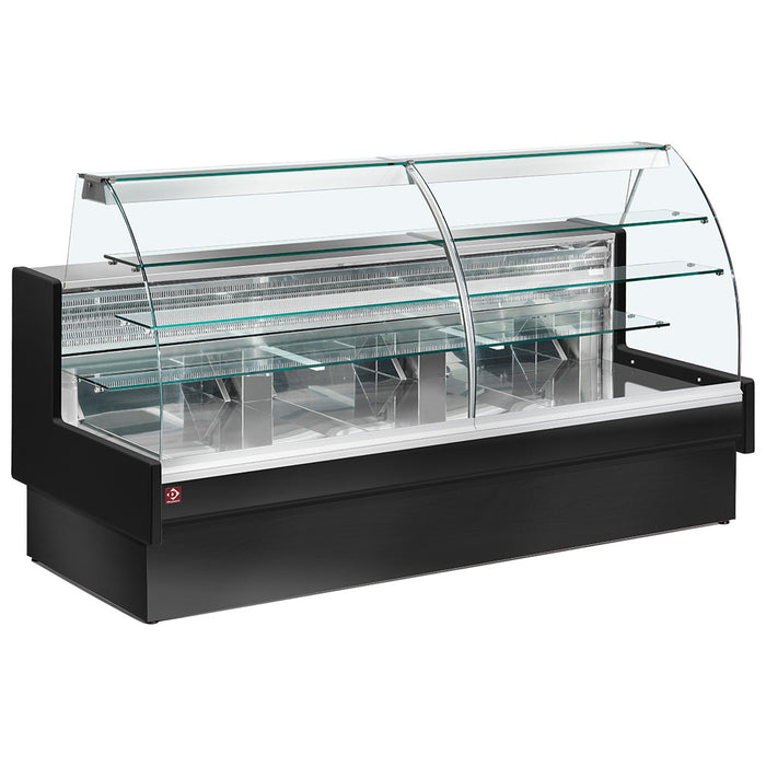 Comptoir vitrine réfrigéré Diamond noir avec vitre courbe, chargement à tiroirs, pour produits exposés, sans réserve.