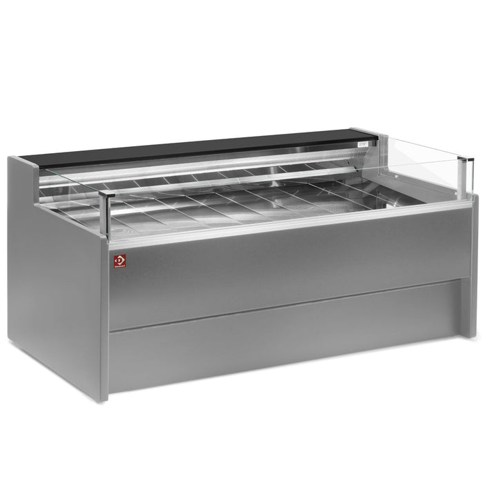 Vitrine réfrigérée à vitre en gris de la marque Diamond, comptoir self-service ventilé avec réserve intégrée.