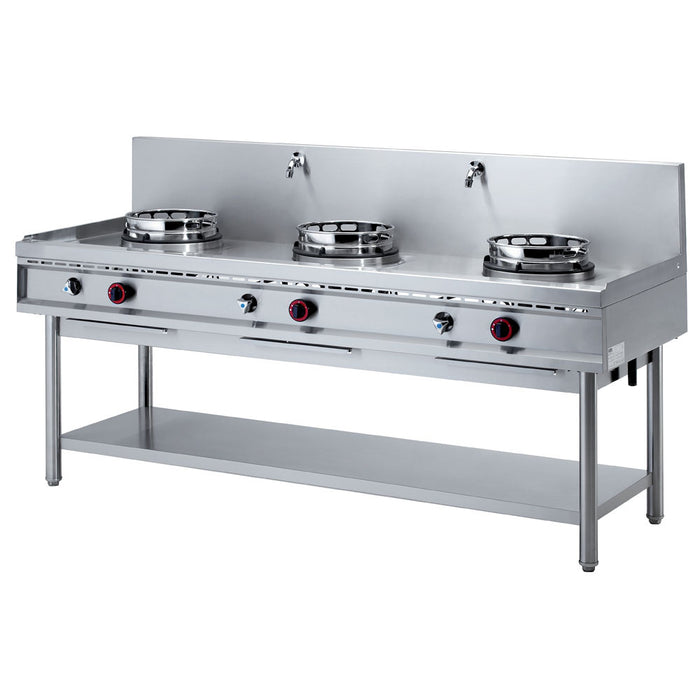 Fourneau wok gaz Diamond avec 3 feux sur meuble, chaque feu de 13 kW, idéal pour cuisine professionnelle ou domestique
