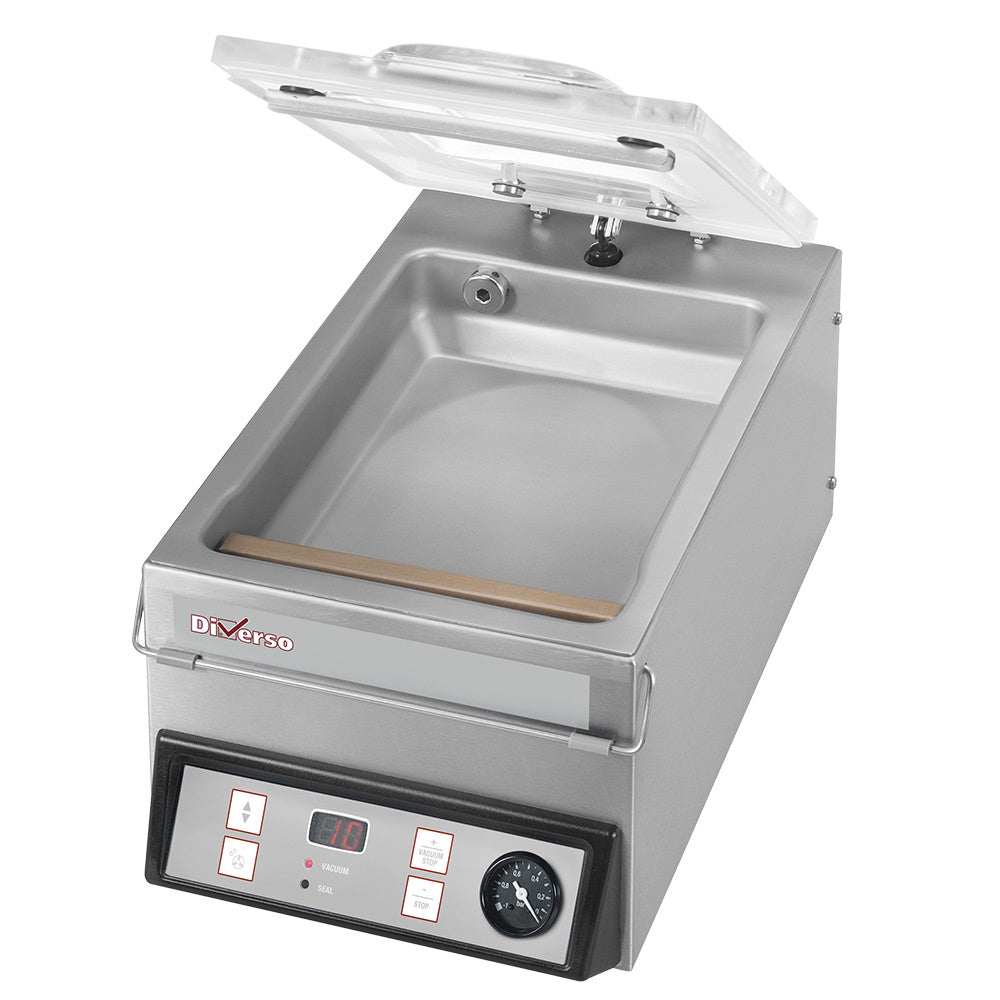 Machine sous vide Diverso avec couvercle bombé et cuve en acier inox, version de table, capacité 4 m3/h.