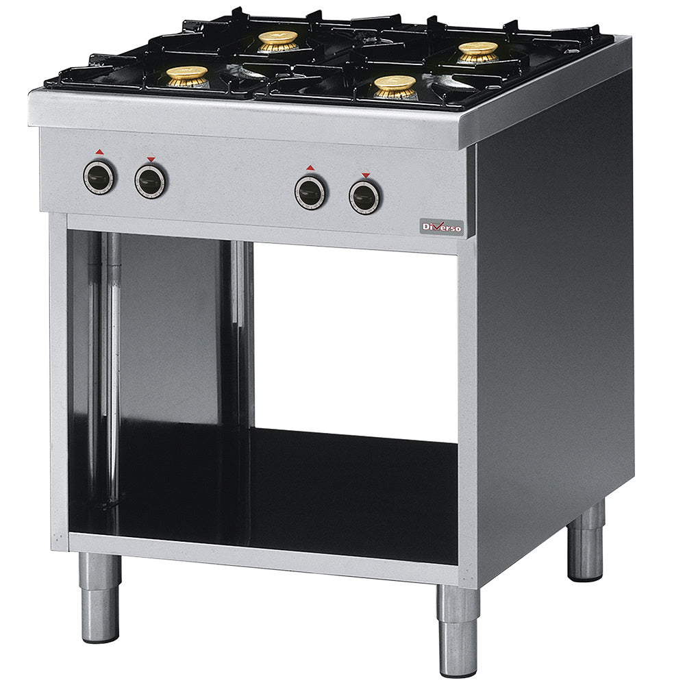 Fourneau à 4 feux Vifs de la marque Diverso sur armoire ouverte, montrant le plan de cuisson et le compartiment de rangement